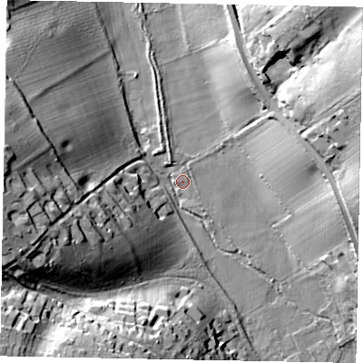 Shaded relief map of the ground around HP84NP, computed from Environment Agency LiDAR. The ground here sits at about 74 m above sea level and falls 37 m across the surrounding 800 m. Surface water reaching this point runs off ground lying to the west, 35.6 m higher.
