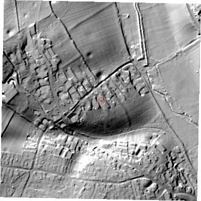 Shaded relief map of the ground around HP84NR, computed from Environment Agency LiDAR. The ground here sits at about 96 m above sea level and falls 52 m across the surrounding 800 m. Surface water reaching this point runs off ground lying to the west, 10.0 m higher.