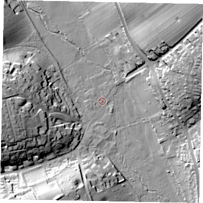 Shaded relief map of the ground around HP84QA, computed from Environment Agency LiDAR. The ground here sits at about 71 m above sea level and falls 37 m across the surrounding 800 m. Surface water reaching this point runs off ground lying to the west-south-west, 28.7 m higher.