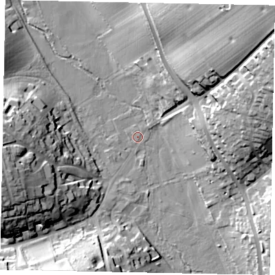 Shaded relief map of the ground around HP84QB, computed from Environment Agency LiDAR. The ground here sits at about 72 m above sea level and falls 39 m across the surrounding 800 m. Surface water reaching this point runs off ground lying to the north-east, 13.4 m higher.