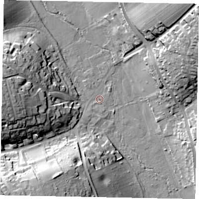 Shaded relief map of the ground around HP84QF, computed from Environment Agency LiDAR. The ground here sits at about 71 m above sea level and falls 36 m across the surrounding 800 m. Surface water reaching this point runs off ground lying to the south-west, 30.3 m higher.