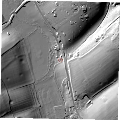 Shaded relief map of the ground around HP84RT, computed from Environment Agency LiDAR. The ground here sits at about 80 m above sea level and falls 47 m across the surrounding 800 m. Surface water reaching this point runs off ground lying to the east, 31.4 m higher.
