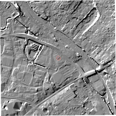 Shaded relief map of the ground around HR11AA, computed from Environment Agency LiDAR. The ground here sits at about 54 m above sea level and falls 18 m across the surrounding 800 m. Surface water reaching this point runs off ground lying to the north-north-east, 0.5 m higher.