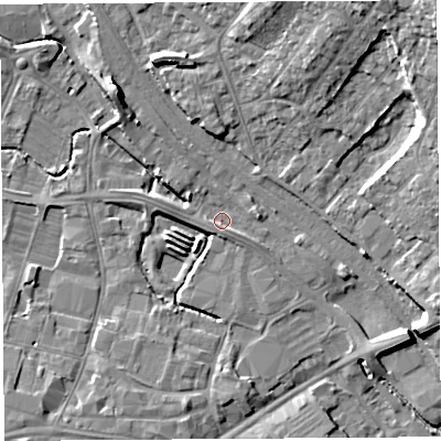 Shaded relief map of the ground around HR11BB, computed from Environment Agency LiDAR. The ground here sits at about 54 m above sea level and falls 20 m across the surrounding 800 m. Surface water reaching this point runs off ground lying to the north-west, 6.7 m higher.