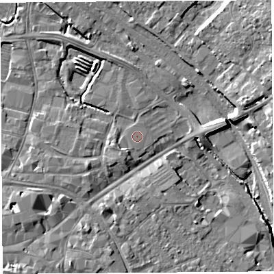 Shaded relief map of the ground around HR11DN, computed from Environment Agency LiDAR. The ground here sits at about 54 m above sea level and falls 14 m across the surrounding 800 m. The ground contributing surface water to this point lies to the south-south-west.