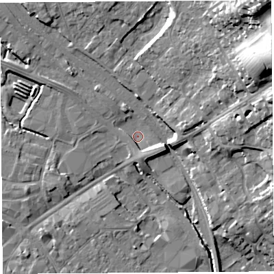 Shaded relief map of the ground around HR11FN, computed from Environment Agency LiDAR. The ground here sits at about 53 m above sea level and falls 34 m across the surrounding 800 m. Surface water reaching this point runs off ground lying to the east-south-east, 5.0 m higher.
