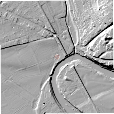 Shaded relief map of the ground around HR11XY, computed from Environment Agency LiDAR. The ground here sits at about 50 m above sea level and falls 40 m across the surrounding 800 m. Surface water reaching this point runs off ground lying to the north, 5.5 m higher.