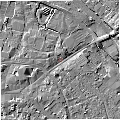 Shaded relief map of the ground around HR12BD, computed from Environment Agency LiDAR. The ground here sits at about 54 m above sea level and falls 9 m across the surrounding 800 m. Surface water reaching this point runs off ground lying to the west, 3.0 m higher.
