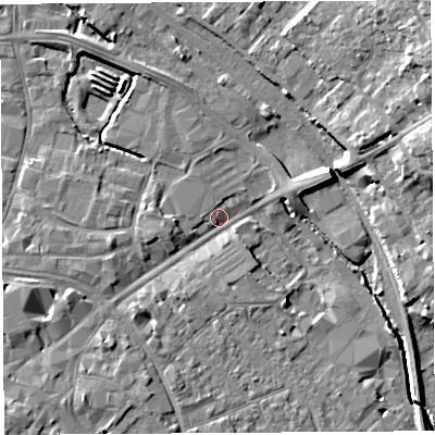 Shaded relief map of the ground around HR12BG, computed from Environment Agency LiDAR. The ground here sits at about 53 m above sea level and falls 17 m across the surrounding 800 m. Surface water reaching this point runs off ground lying to the west-south-west, 3.8 m higher.