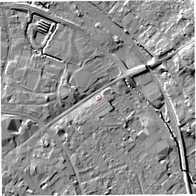 Shaded relief map of the ground around HR12BJ, computed from Environment Agency LiDAR. The ground here sits at about 54 m above sea level and falls 17 m across the surrounding 800 m. Surface water reaching this point runs off ground lying to the south-west, 3.6 m higher.