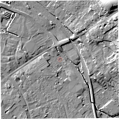 Shaded relief map of the ground around HR12BN, computed from Environment Agency LiDAR. The ground here sits at about 52 m above sea level and falls 33 m across the surrounding 800 m. Surface water reaching this point runs off ground lying to the north-north-east, 10.1 m higher.