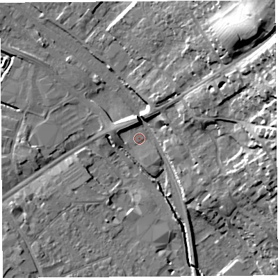 Shaded relief map of the ground around HR12BQ, computed from Environment Agency LiDAR. The ground here sits at about 53 m above sea level and falls 35 m across the surrounding 800 m. Surface water reaching this point runs off ground lying to the north-east, 31.7 m higher.