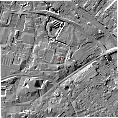 Shaded relief map of the ground around HR12DF, computed from Environment Agency LiDAR. The ground here sits at about 55 m above sea level and falls 9 m across the surrounding 800 m. Surface water reaching this point runs off ground lying to the north, 0.7 m higher.