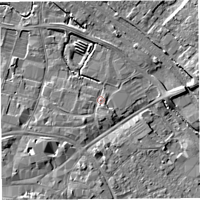 Shaded relief map of the ground around HR12EA, computed from Environment Agency LiDAR. The ground here sits at about 54 m above sea level and falls 11 m across the surrounding 800 m. Surface water reaching this point runs off ground lying to the south-west, 2.6 m higher.