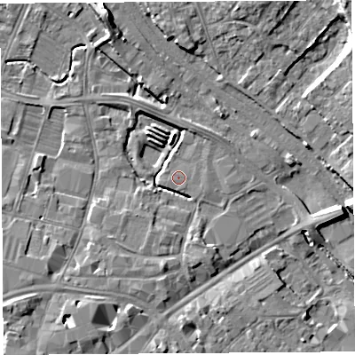 Shaded relief map of the ground around HR12EB, computed from Environment Agency LiDAR. The ground here sits at about 54 m above sea level and falls 13 m across the surrounding 800 m. The ground contributing surface water to this point lies to the east.