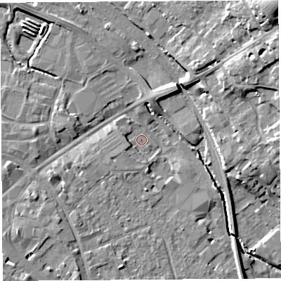 Shaded relief map of the ground around HR12ER, computed from Environment Agency LiDAR. The ground here sits at about 52 m above sea level and falls 29 m across the surrounding 800 m. Surface water reaching this point runs off ground lying to the west-south-west, 2.5 m higher.