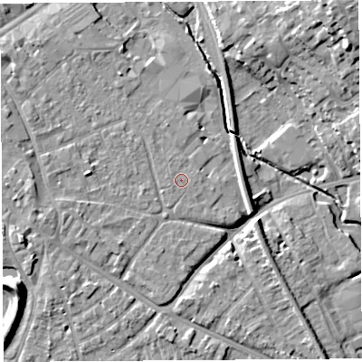 Shaded relief map of the ground around HR12JX, computed from Environment Agency LiDAR. The ground here sits at about 54 m above sea level and falls 20 m across the surrounding 800 m. The ground contributing surface water to this point lies to the north-west.