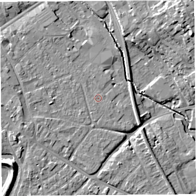 Shaded relief map of the ground around HR12JY, computed from Environment Agency LiDAR. The ground here sits at about 54 m above sea level and falls 22 m across the surrounding 800 m. The ground contributing surface water to this point lies to the south-south-west.