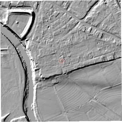 Shaded relief map of the ground around HR12QW, computed from Environment Agency LiDAR. The ground here sits at about 55 m above sea level and falls 18 m across the surrounding 800 m. Surface water reaching this point runs off ground lying to the north-west, 1.3 m higher.