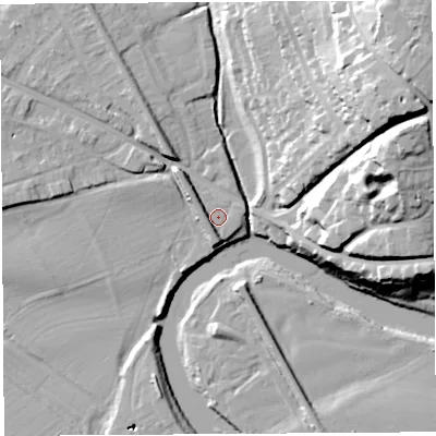 Shaded relief map of the ground around HR12RQ, computed from Environment Agency LiDAR. The ground here sits at about 51 m above sea level and falls 40 m across the surrounding 800 m. Surface water reaching this point runs off ground lying to the south-south-east, 0.7 m higher.