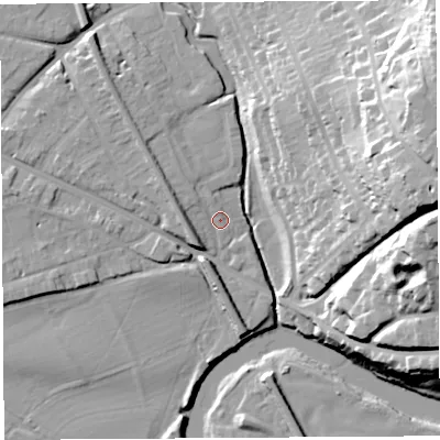 Shaded relief map of the ground around HR12RS, computed from Environment Agency LiDAR. The ground here sits at about 51 m above sea level and falls 39 m across the surrounding 800 m. Surface water reaching this point runs off ground lying to the west-south-west, 4.9 m higher.