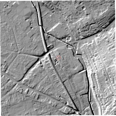 Shaded relief map of the ground around HR12SG, computed from Environment Agency LiDAR. The ground here sits at about 52 m above sea level and falls 21 m across the surrounding 800 m. Surface water reaching this point runs off ground lying to the west-south-west, 4.4 m higher.