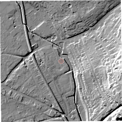 Shaded relief map of the ground around HR12ST, computed from Environment Agency LiDAR. The ground here sits at about 51 m above sea level and falls 38 m across the surrounding 800 m. Surface water reaching this point runs off ground lying to the west-south-west, 4.1 m higher.