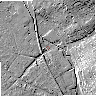 Shaded relief map of the ground around HR12SZ, computed from Environment Agency LiDAR. The ground here sits at about 50 m above sea level and falls 22 m across the surrounding 800 m. Surface water reaching this point runs off ground lying to the south-south-west, 5.8 m higher.