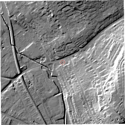 Shaded relief map of the ground around HR12TB, computed from Environment Agency LiDAR. The ground here sits at about 52 m above sea level and falls 37 m across the surrounding 800 m. Surface water reaching this point runs off ground lying to the east-south-east, 32.9 m higher.