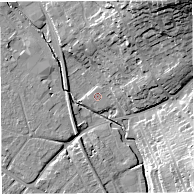 Shaded relief map of the ground around HR12TR, computed from Environment Agency LiDAR. The ground here sits at about 52 m above sea level and falls 33 m across the surrounding 800 m. Surface water reaching this point runs off ground lying to the east-south-east, 0.5 m higher.