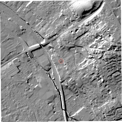 Shaded relief map of the ground around HR12UA, computed from Environment Agency LiDAR. The ground here sits at about 56 m above sea level and falls 35 m across the surrounding 800 m. Surface water reaching this point runs off ground lying to the north-east, 28.6 m higher.
