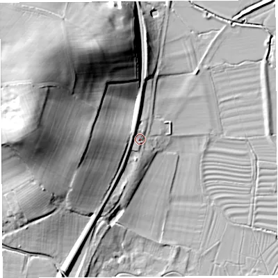 Shaded relief map of the ground around HR13AS, computed from Environment Agency LiDAR. The ground here sits at about 57 m above sea level and falls 39 m across the surrounding 800 m. Surface water reaching this point runs off ground lying to the west, 14.1 m higher.