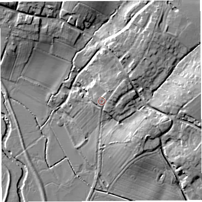 Shaded relief map of the ground around HR13AT, computed from Environment Agency LiDAR. The ground here sits at about 59 m above sea level and falls 16 m across the surrounding 800 m. Surface water reaching this point runs off ground lying to the east-north-east, 3.8 m higher.