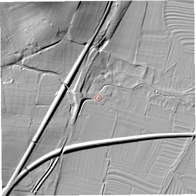 Shaded relief map of the ground around HR13AW, computed from Environment Agency LiDAR. The ground here sits at about 52 m above sea level and falls 29 m across the surrounding 800 m. Surface water reaching this point runs off ground lying to the north-north-west, 8.3 m higher.