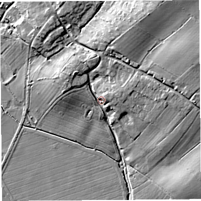 Shaded relief map of the ground around HR13BB, computed from Environment Agency LiDAR. The ground here sits at about 57 m above sea level and falls 18 m across the surrounding 800 m. Surface water reaching this point runs off ground lying to the north-north-east, 12.1 m higher.