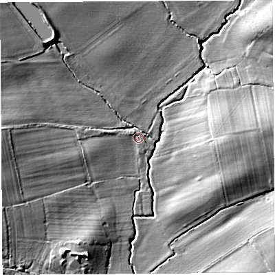 Shaded relief map of the ground around HR13DG, computed from Environment Agency LiDAR. The ground here sits at about 64 m above sea level and falls 12 m across the surrounding 800 m. Surface water reaching this point runs off ground lying to the north-west, 8.4 m higher.