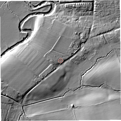 Shaded relief map of the ground around HR13EN, computed from Environment Agency LiDAR. The ground here sits at about 61 m above sea level and falls 14 m across the surrounding 800 m. Surface water reaching this point runs off ground lying to the west, 2.6 m higher.