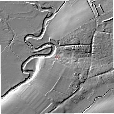 Shaded relief map of the ground around HR13FD, computed from Environment Agency LiDAR. The ground here sits at about 58 m above sea level and falls 15 m across the surrounding 800 m. Surface water reaching this point runs off ground lying to the south, 4.9 m higher.