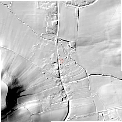 Shaded relief map of the ground around HR13HS, computed from Environment Agency LiDAR. The ground here sits at about 64 m above sea level and falls 54 m across the surrounding 800 m. Surface water reaching this point runs off ground lying to the west-south-west, 51.5 m higher.