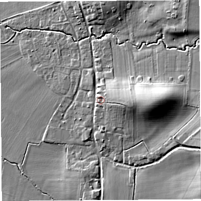 Shaded relief map of the ground around HR13HT, computed from Environment Agency LiDAR. The ground here sits at about 68 m above sea level and falls 15 m across the surrounding 800 m. Surface water reaching this point runs off ground lying to the east, 6.2 m higher.