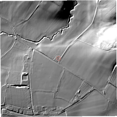 Shaded relief map of the ground around HR13HY, computed from Environment Agency LiDAR. The ground here sits at about 80 m above sea level and falls 39 m across the surrounding 800 m. Surface water reaching this point runs off ground lying to the east, 12.1 m higher.