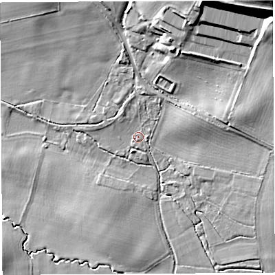 Shaded relief map of the ground around HR13JB, computed from Environment Agency LiDAR. The ground here sits at about 74 m above sea level and falls 34 m across the surrounding 800 m. Surface water reaching this point runs off ground lying to the north-north-east, 3.0 m higher.