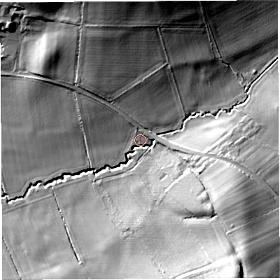 Shaded relief map of the ground around HR13JE, computed from Environment Agency LiDAR. The ground here sits at about 85 m above sea level and falls 28 m across the surrounding 800 m. Surface water reaching this point runs off ground lying to the north, 20.8 m higher.