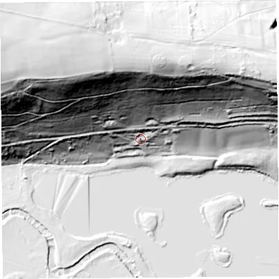 Shaded relief map of the ground around HR13JR, computed from Environment Agency LiDAR. The ground here sits at about 74 m above sea level and falls 100 m across the surrounding 800 m. Surface water reaching this point runs off ground lying to the north-north-west, 79.4 m higher.