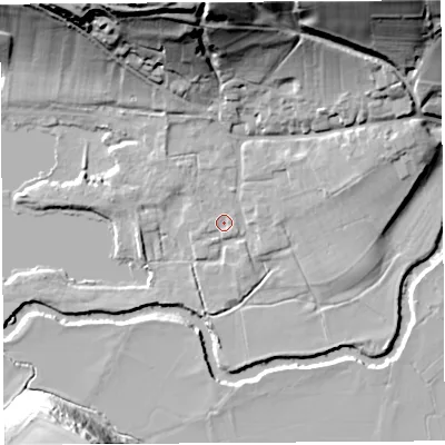 Shaded relief map of the ground around HR13JU, computed from Environment Agency LiDAR. The ground here sits at about 62 m above sea level and falls 39 m across the surrounding 800 m. Surface water reaching this point runs off ground lying to the north, 35.1 m higher.