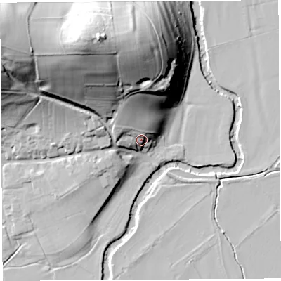 Shaded relief map of the ground around HR13JY, computed from Environment Agency LiDAR. The ground here sits at about 70 m above sea level and falls 51 m across the surrounding 800 m. Surface water reaching this point runs off ground lying to the north-north-west, 9.0 m higher.