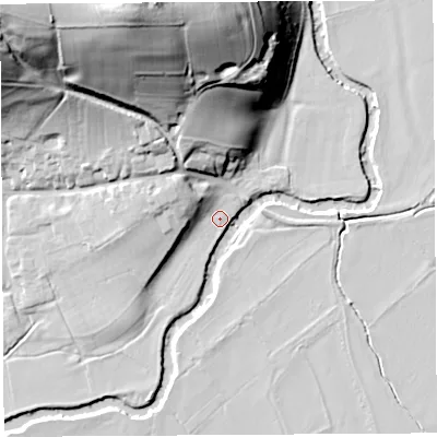 Shaded relief map of the ground around HR13JZ, computed from Environment Agency LiDAR. The ground here sits at about 62 m above sea level and falls 51 m across the surrounding 800 m. Surface water reaching this point runs off ground lying to the north-west, 8.6 m higher.
