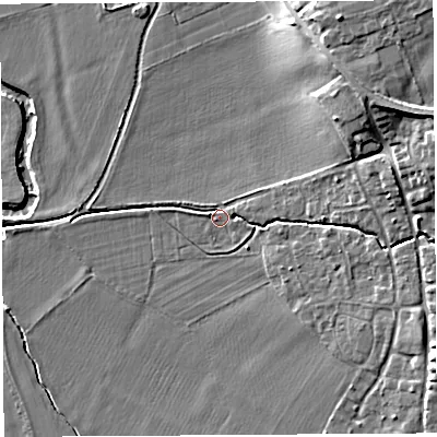 Shaded relief map of the ground around HR13LA, computed from Environment Agency LiDAR. The ground here sits at about 62 m above sea level and falls 14 m across the surrounding 800 m. Surface water reaching this point runs off ground lying to the east-north-east, 2.8 m higher.