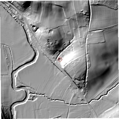 Shaded relief map of the ground around HR13LE, computed from Environment Agency LiDAR. The ground here sits at about 66 m above sea level and falls 47 m across the surrounding 800 m. Surface water reaching this point runs off ground lying to the north-north-east, 38.3 m higher.