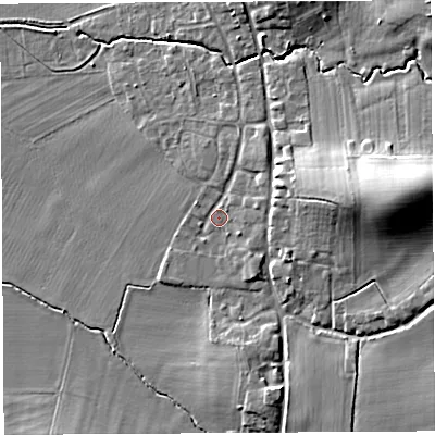 Shaded relief map of the ground around HR13LP, computed from Environment Agency LiDAR. The ground here sits at about 64 m above sea level and falls 15 m across the surrounding 800 m. Surface water reaching this point runs off ground lying to the north-east, 3.2 m higher.